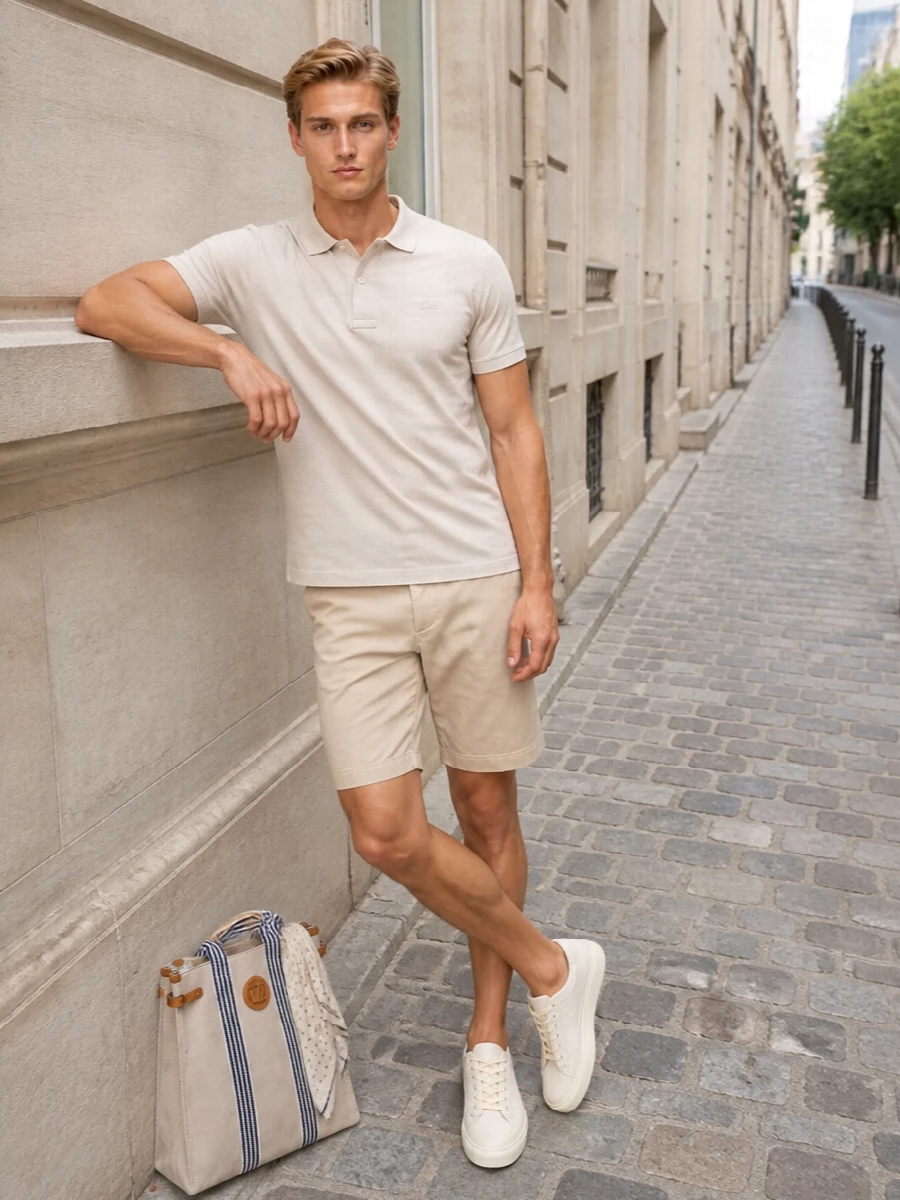 A warm stone Lacoste polo pairs with classic khaki chino shorts for a clean, preppy take on summer dressing. Ivory court sneakers keep the palette soft and streamlined, while a sand canvas tote and a discreet ivory-and-navy scarf add just enough detail for coastal weekends or polished city strolls. The result is relaxed tennis heritage reinterpreted as quietly precise daywear.