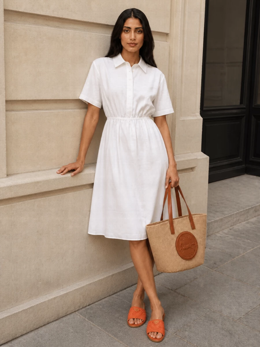 Prada white shirt dress orange sandals outfit