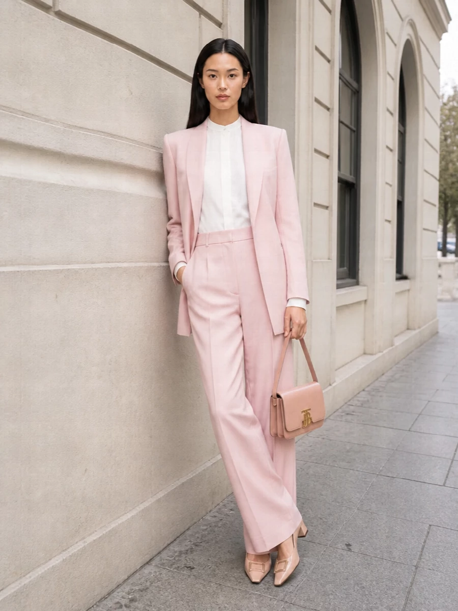 I am styling the blush Victoria Beckham blazer with tonal high-waisted Max Mara trousers and a crisp Victoria Beckham tux-inspired shirt for a soft, modern take on power suiting. The matching blush pumps and structured Burberry shoulder bag complete a quietly luxurious pastel column that feels as appropriate in a glass-walled boardroom as it does at an intimate dinner. I chose the trouser path over a dress so the blazer remains the anchor, with proportion and colour working together to give you that elongated, confident line the jacket promises.