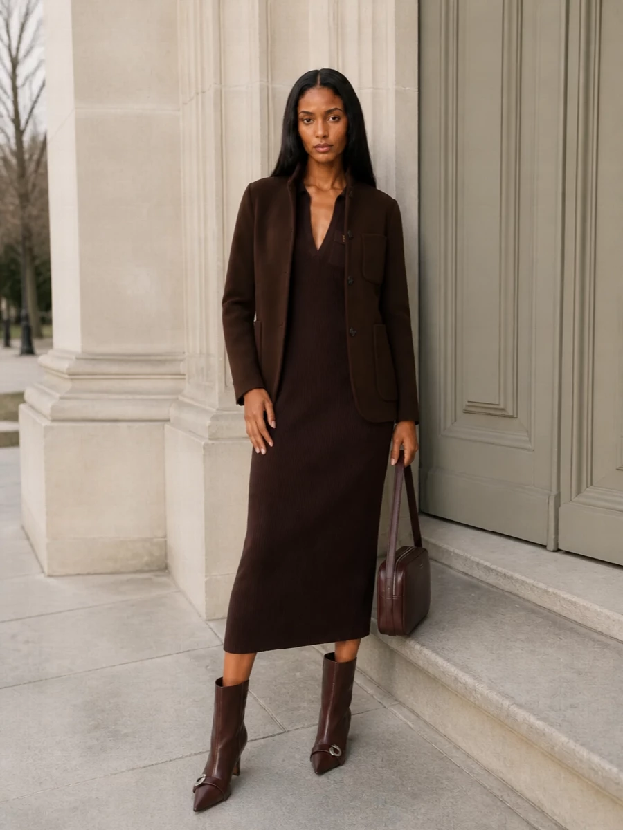 Circolo 1901 coat chocolate knit dress outfit