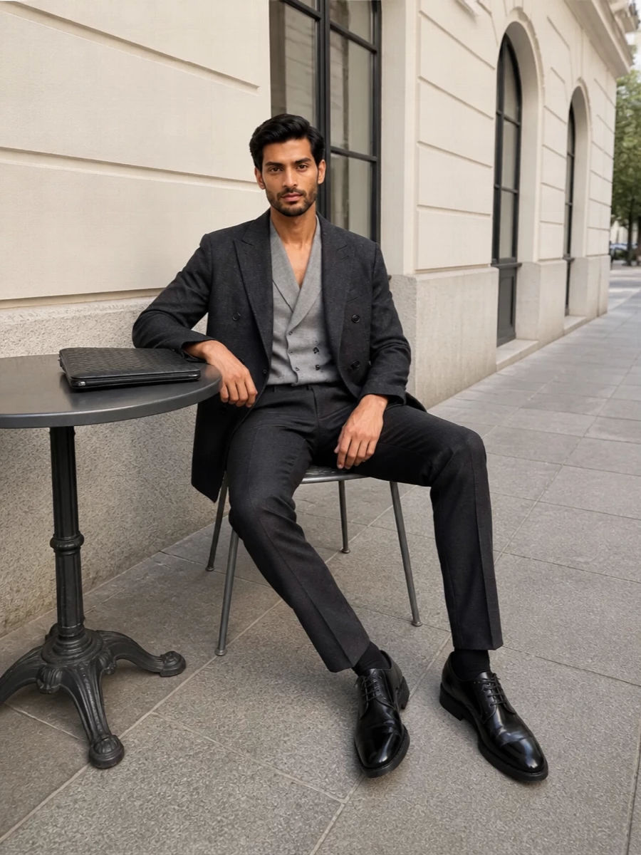 Tagliatore grey blazer charcoal trousers outfit