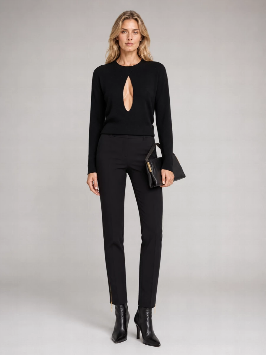 Elisabetta Franchi Wool Cashmere Ribbed Cutout Long-Sleeve Knee-Length Knit Dress