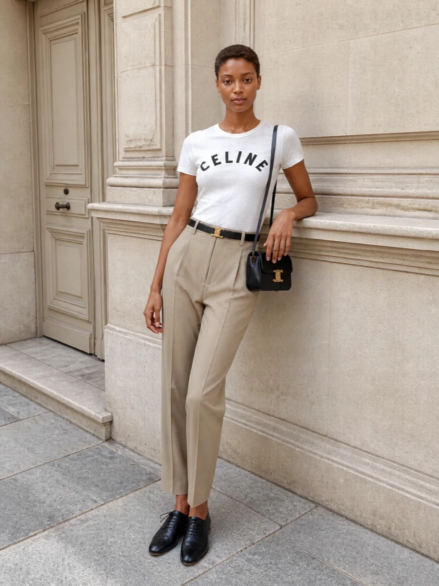 Celine beige trouser outfit logo tee