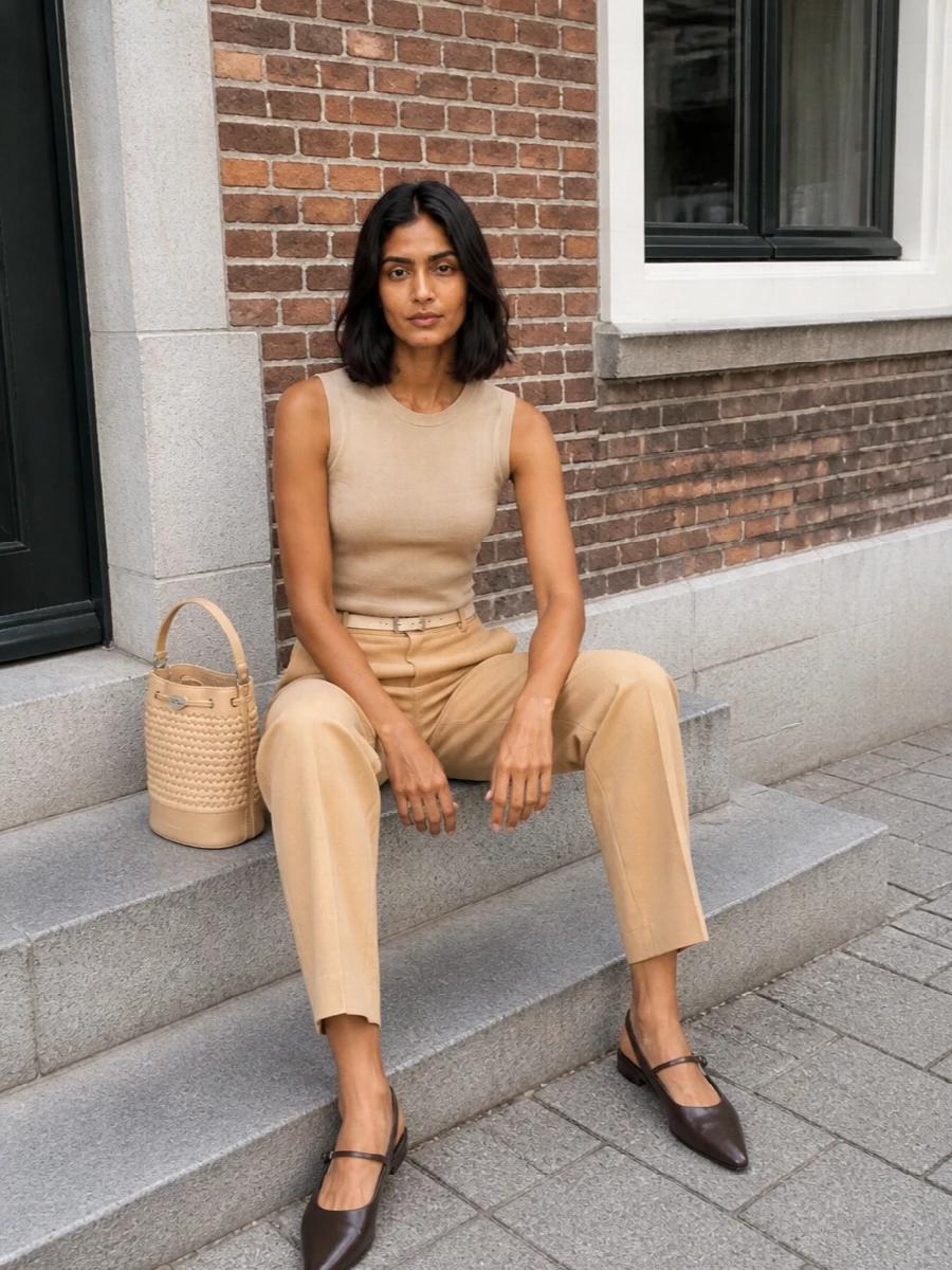 A warm monochrome column built around the high-waisted trousers and a tonal knit tank feels calm, modern and quietly considered. The pointed slingbacks and slim belt refine the proportions without tipping into stiffness, while the structured bucket bag introduces just enough texture to keep the neutrals interesting. It is an easy city uniform that reads as polished for the office yet relaxed enough for late-afternoon plans.