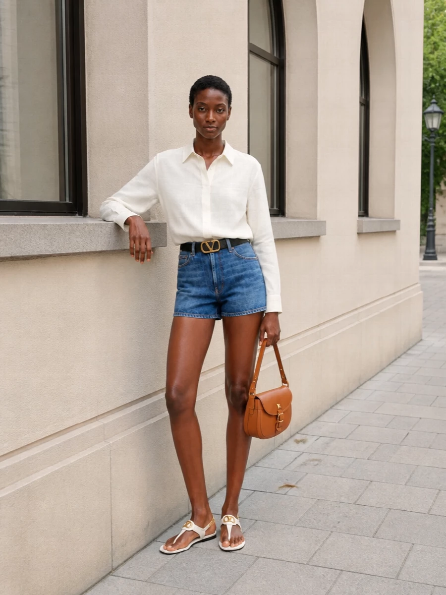 Valentino denim shorts ivory shirt tan bag