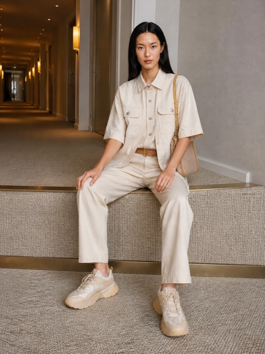 A tonal sand and cream palette keeps this outfit calm and precise, with the straight-leg trouser and boxy short-sleeve shirt forming a modern, softly structured column. Chunky neutral sneakers ground the proportions while the chain-trimmed tote and slim tan belt add just enough sheen and definition to keep the mood quietly confident rather than plain.