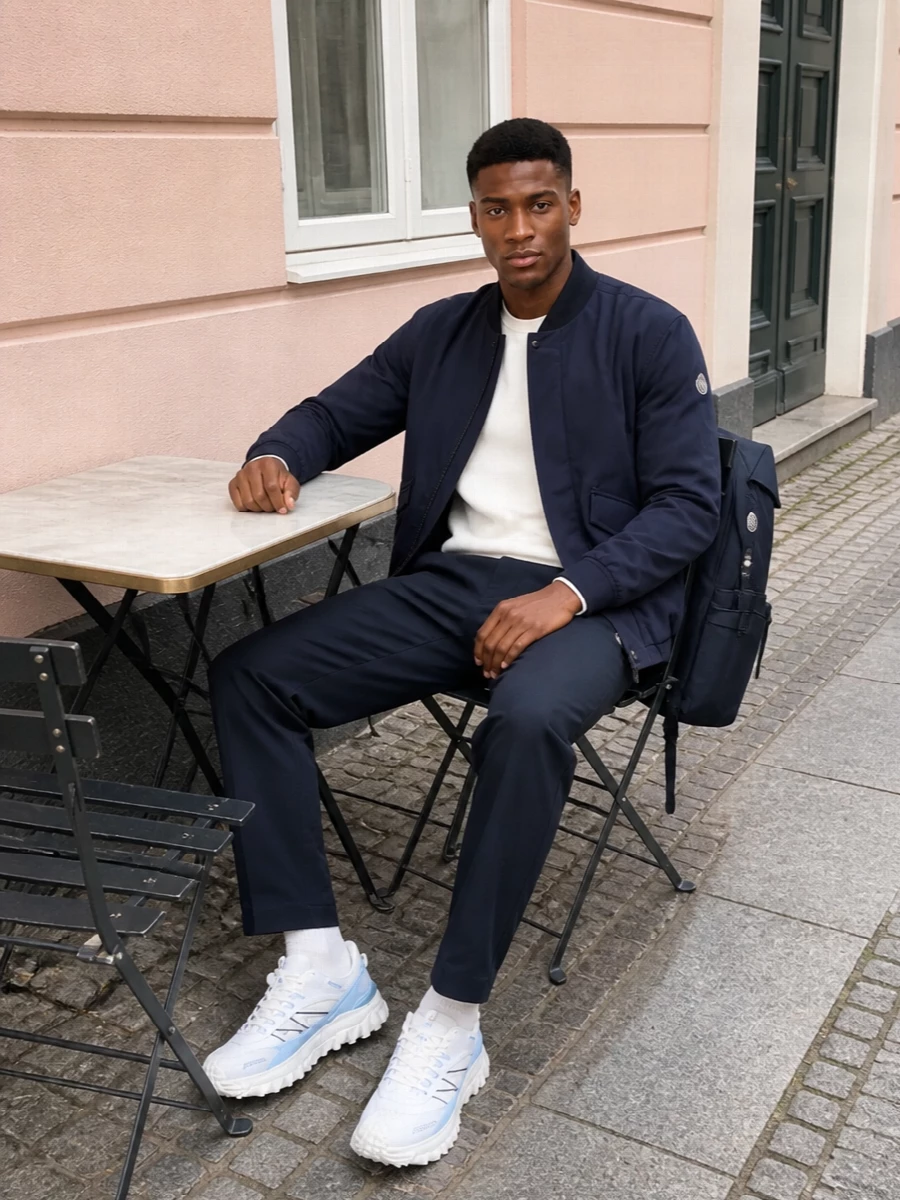 Moncler genius navy bomber technical sneakers outfit