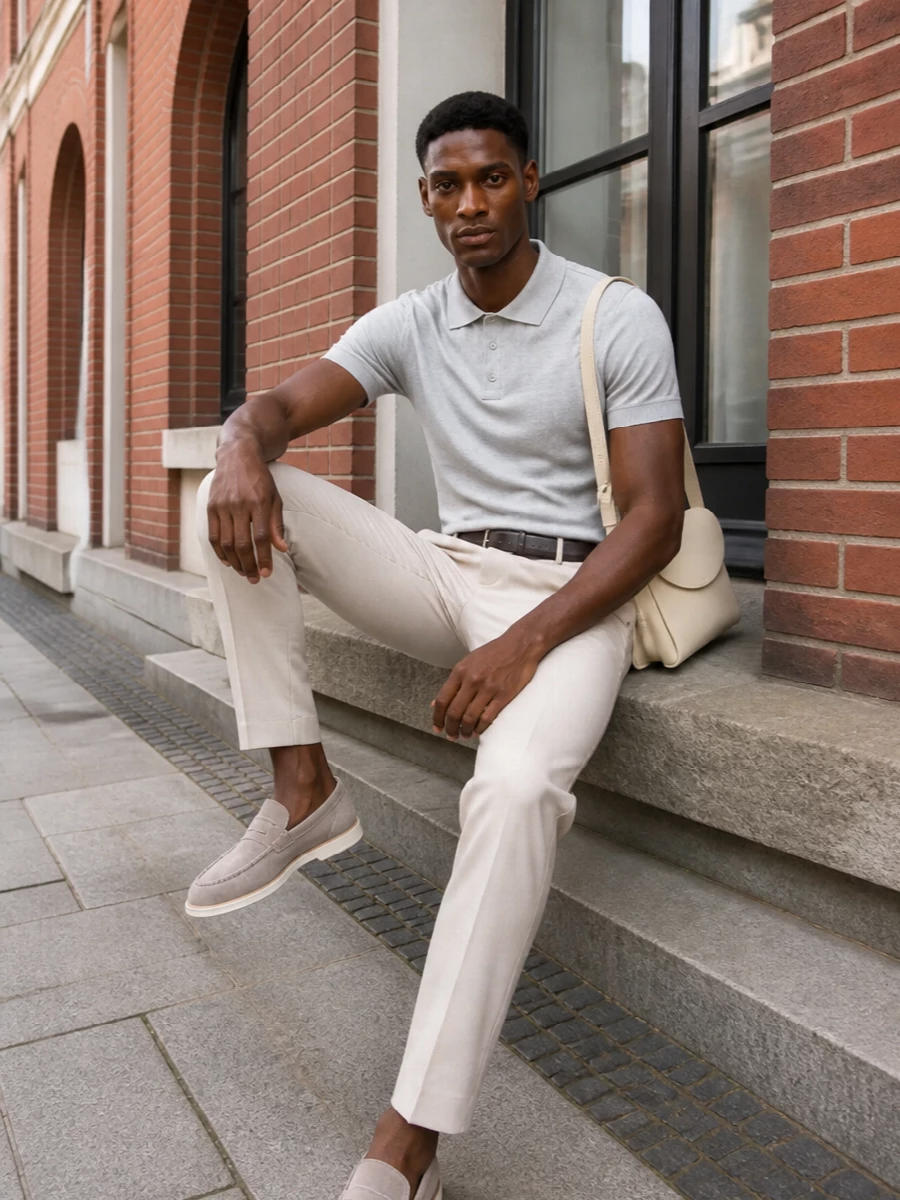 A pale grey knit polo sits over light beige tailored trousers, keeping the entire palette soft, tonal and quietly precise. Stone-grey suede loafers and a slim dark belt sharpen the line without breaking the calm of the neutrals. A buttercream shoulder bag finishes the outfit with a subtle architectural accent that stays firmly in the same muted, understated register.