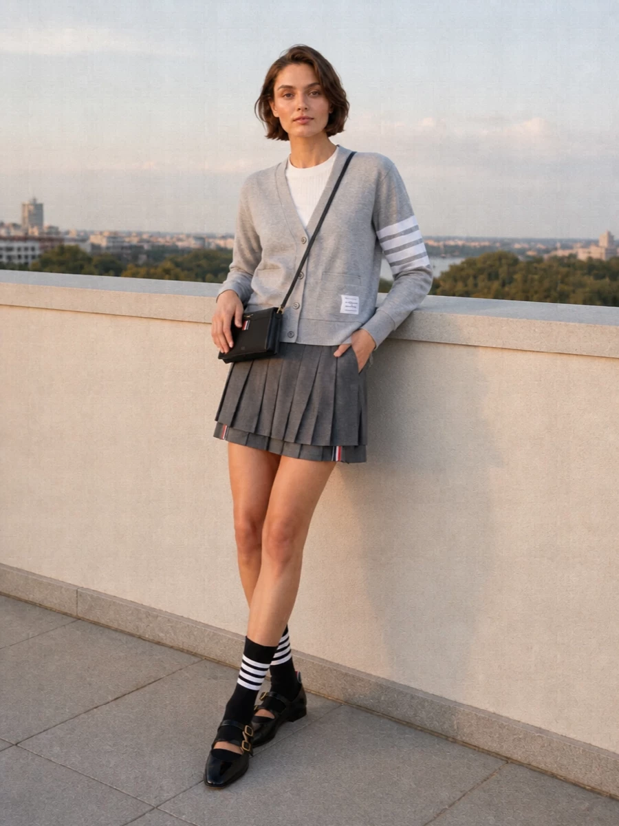 This look leans fully into the Thom Browne uniform vocabulary: the heather-grey cardigan paired with the grey pleated mini creates a razor-sharp yet easy collegiate set, all in a quietly tonal palette. Glossy double-strap Mary Janes and striped black socks sharpen the schoolboy-meets-city attitude, while the slim black cross-body keeps the silhouette clean and polished for SS city dressing.