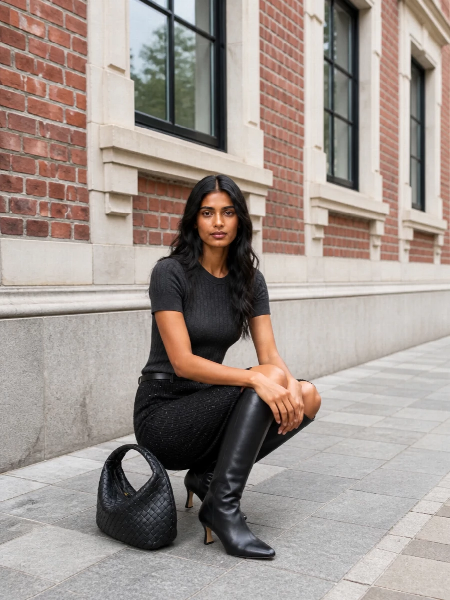 Bottega veneta black knit skirt charcoal top outfit