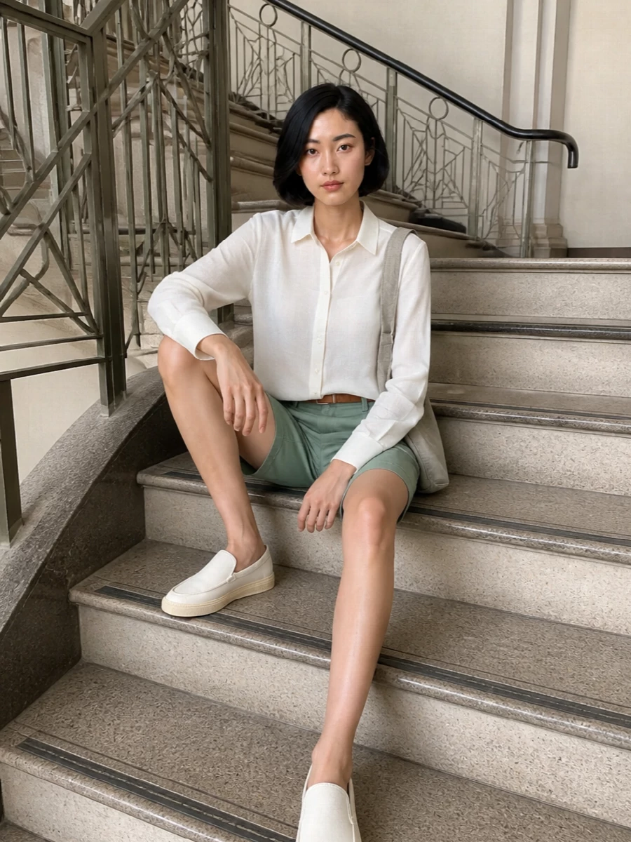 Soft sage cargo shorts meet an ivory longline shirt for a clean, breathable take on warm-weather utility. Off-white slip-on sneakers and a stone canvas cross-body keep the palette calm and functional, while a slim camel belt quietly defines the waist. The result is relaxed but considered, ideal for city days that move between errands and casual meetings.