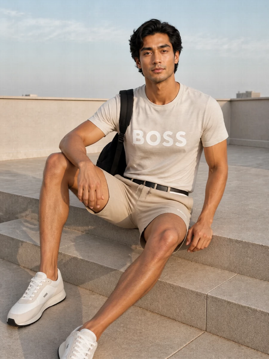 Boss logo tee sand shorts beige sneakers