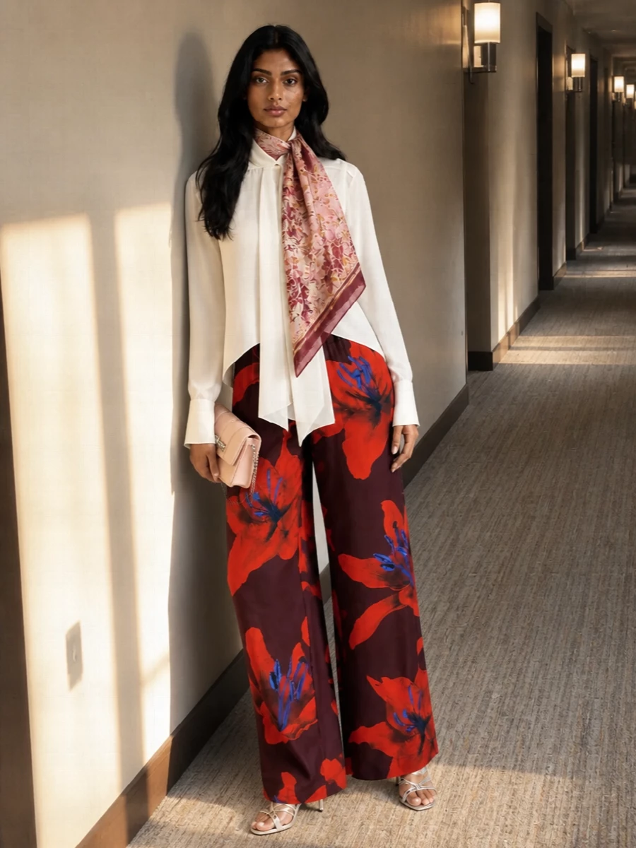 Alexander mcqueen floral wide leg trousers outfit