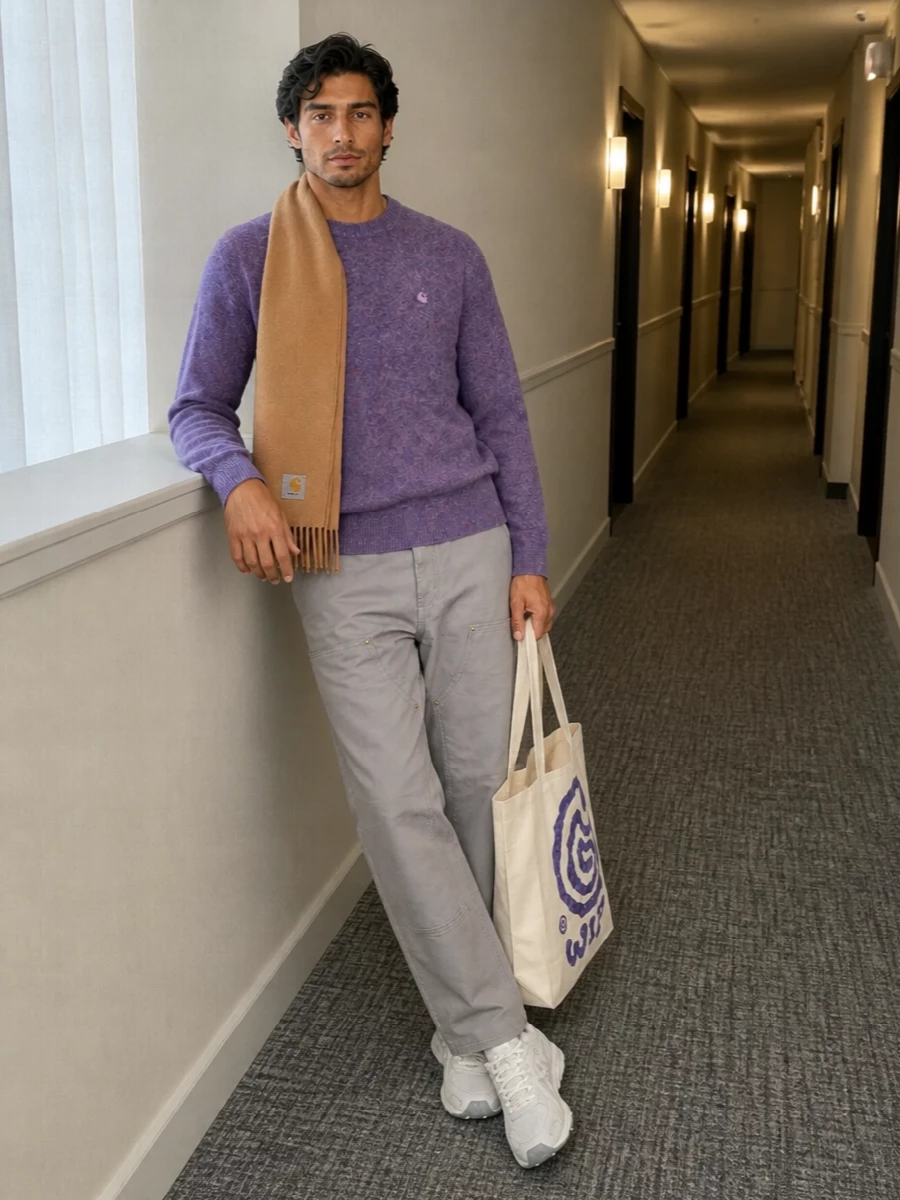 Carhartt purple sweater grey work pants outfit