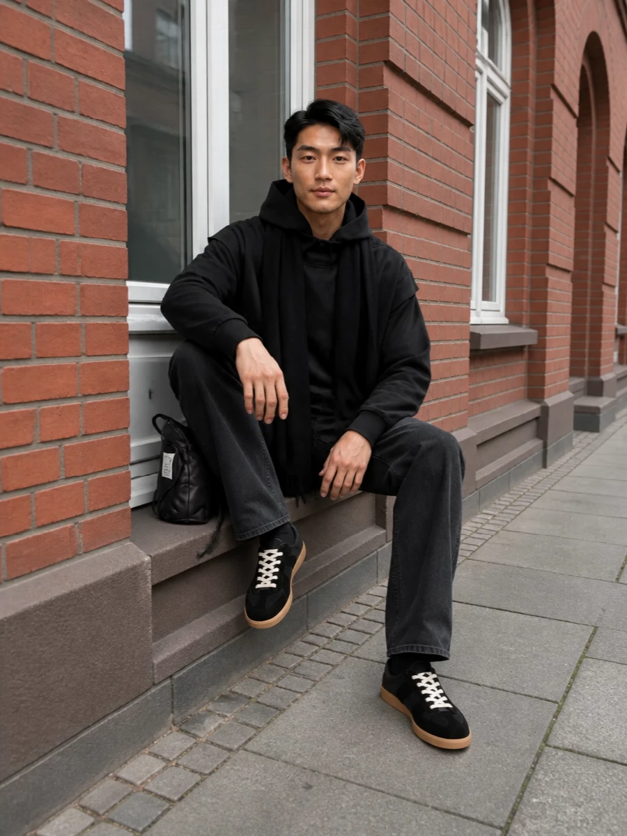 A long, deconstructed black hoodie drops over washed-black straight denim, creating a clean vertical line in deep tonal layers. Black Margiela sneakers with a gum sole and a compact padded shoulder bag keep the mood dark, minimal and quietly graphic. A fringed black scarf sharpens the silhouette and adds winter texture without breaking the monochrome story.