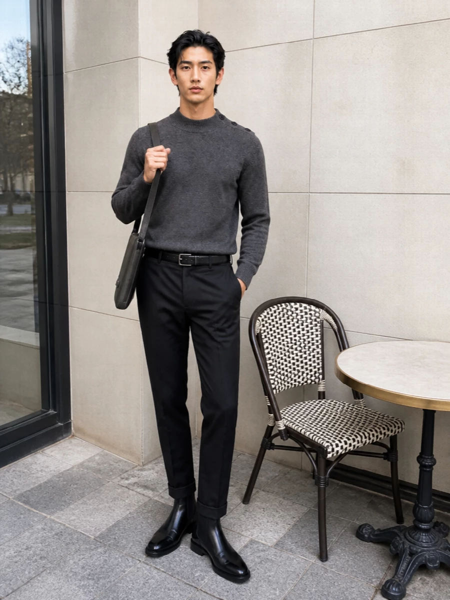 Dondup chinos charcoal knit black chelsea boots
