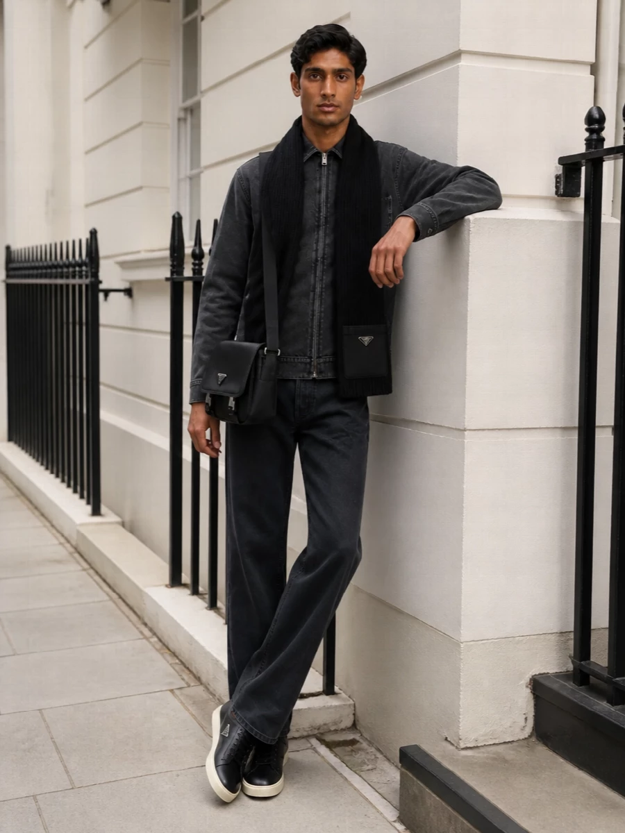 Prada charcoal overshirt straight trousers sneakers