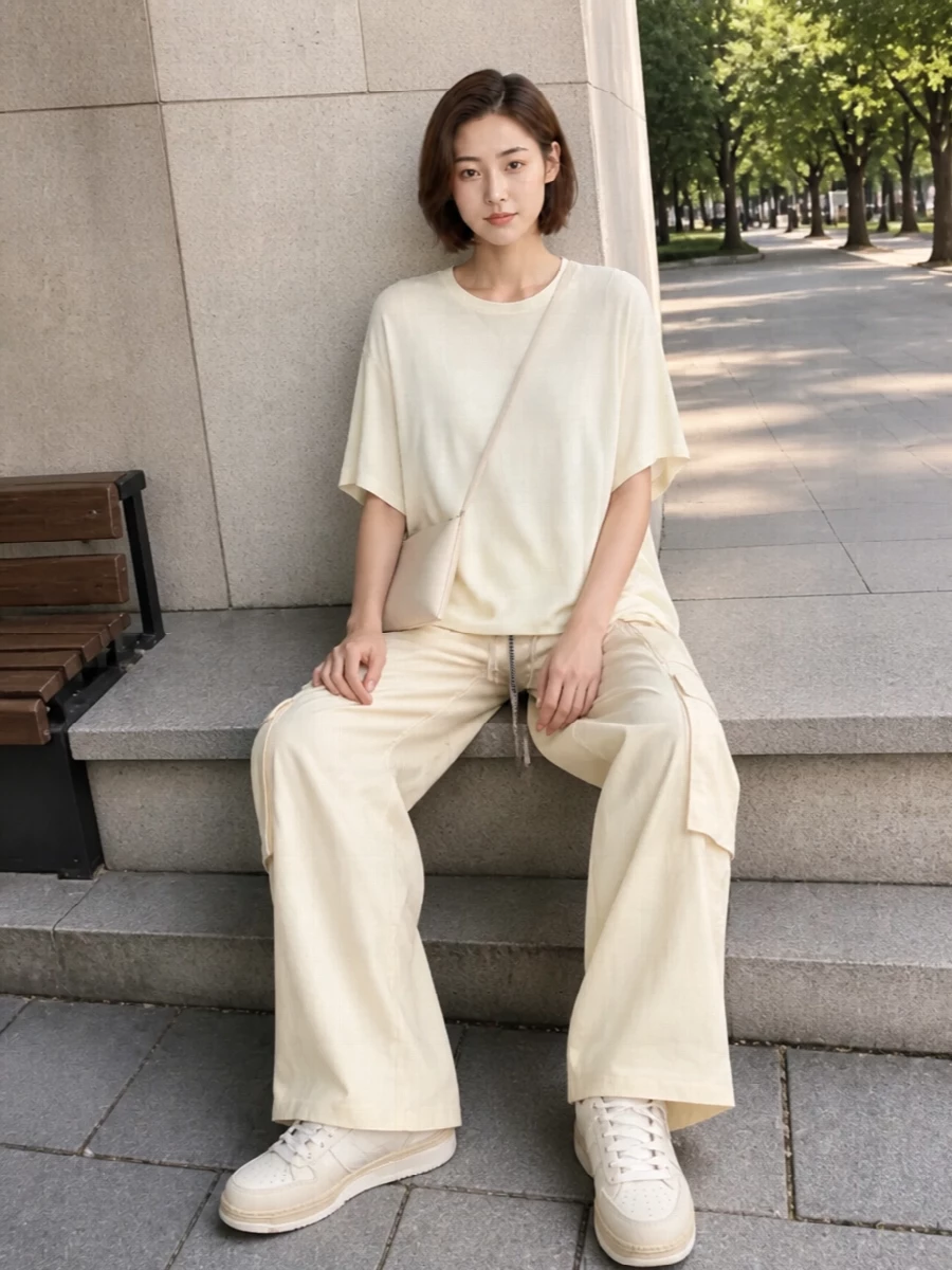 A tonal, oversized tee and fluid cargo pant pairing leans into soft neutrals and relaxed volume for an easy, street-led uniform. Cream sneakers keep the line clean and grounded, while a compact buttercream crossbody adds just enough structure and polish. The result is an off-duty combination that feels laid back yet intentionally put together in every detail.