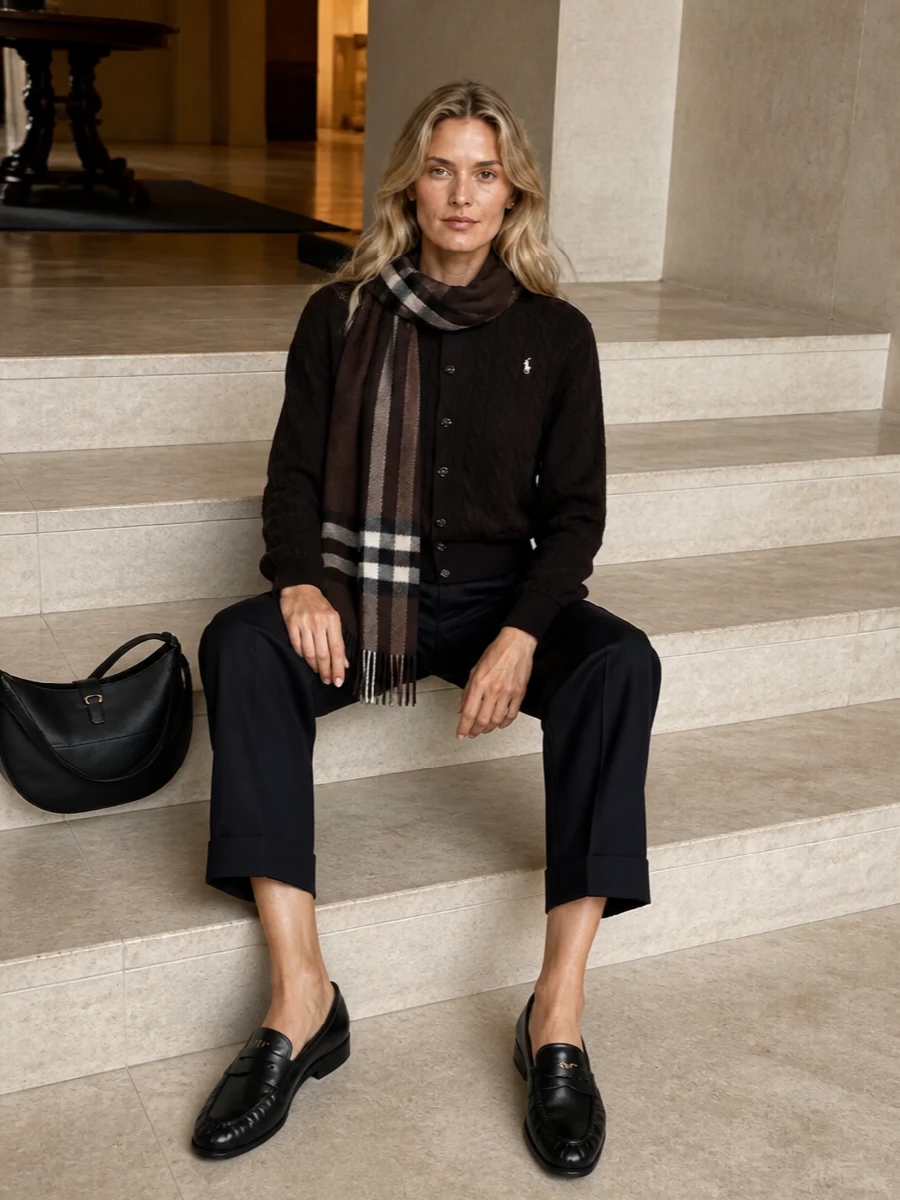 Deep espresso and navy set a calm, collegiate mood, with the cropped cable-knit cardigan framed by sharply cut pleated trousers. Sleek black loafers and a curved leather hobo keep the silhouette clean and pulled together, while the chocolate check scarf adds soft texture and a subtle heritage note. The result is quietly refined off-duty tailoring you can wear from coffee catch-ups to casual dinners without changing a piece.