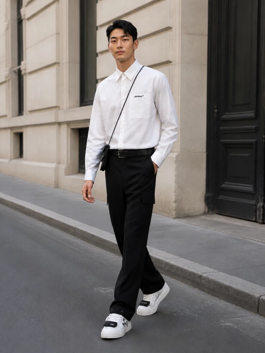Off white shirt sneakers black trousers outfit
