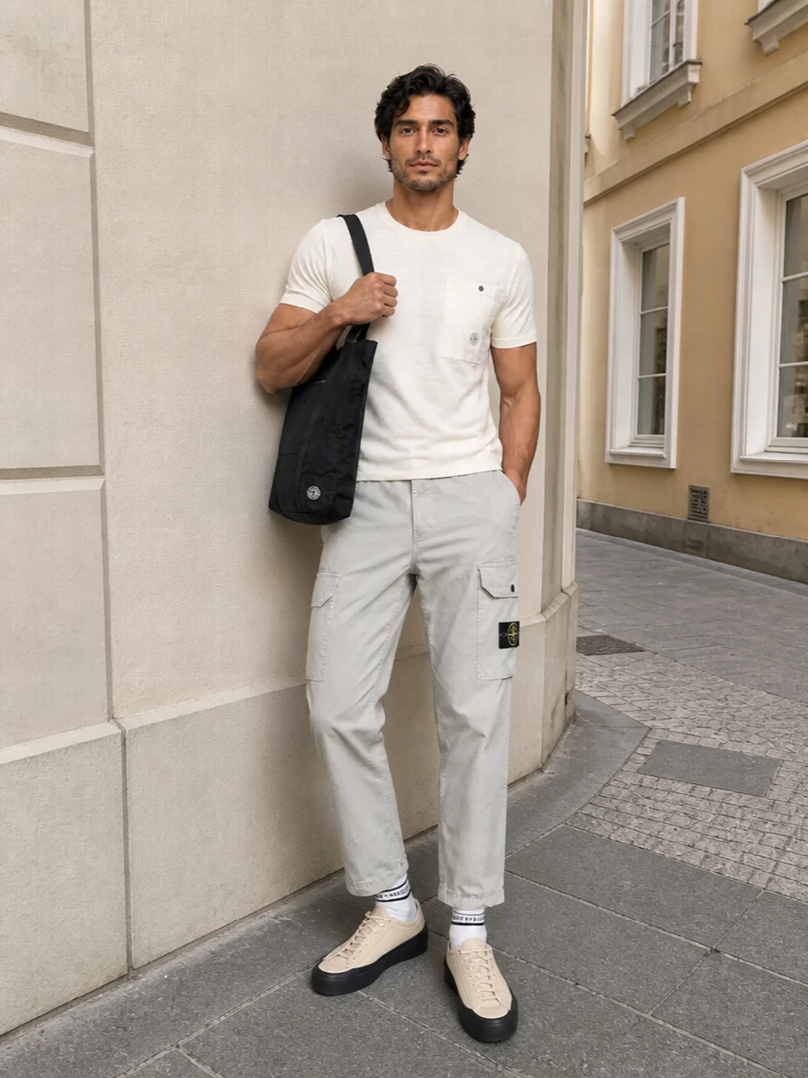 A tonal Stone Island uniform built around soft neutrals and straight, easy lines. The structured cargo pant and pocketed tee share the same utilitarian language, while the technical sneaker and tote keep it city-ready and practical. It is a quiet, functional outfit that still reads considered from head to toe.