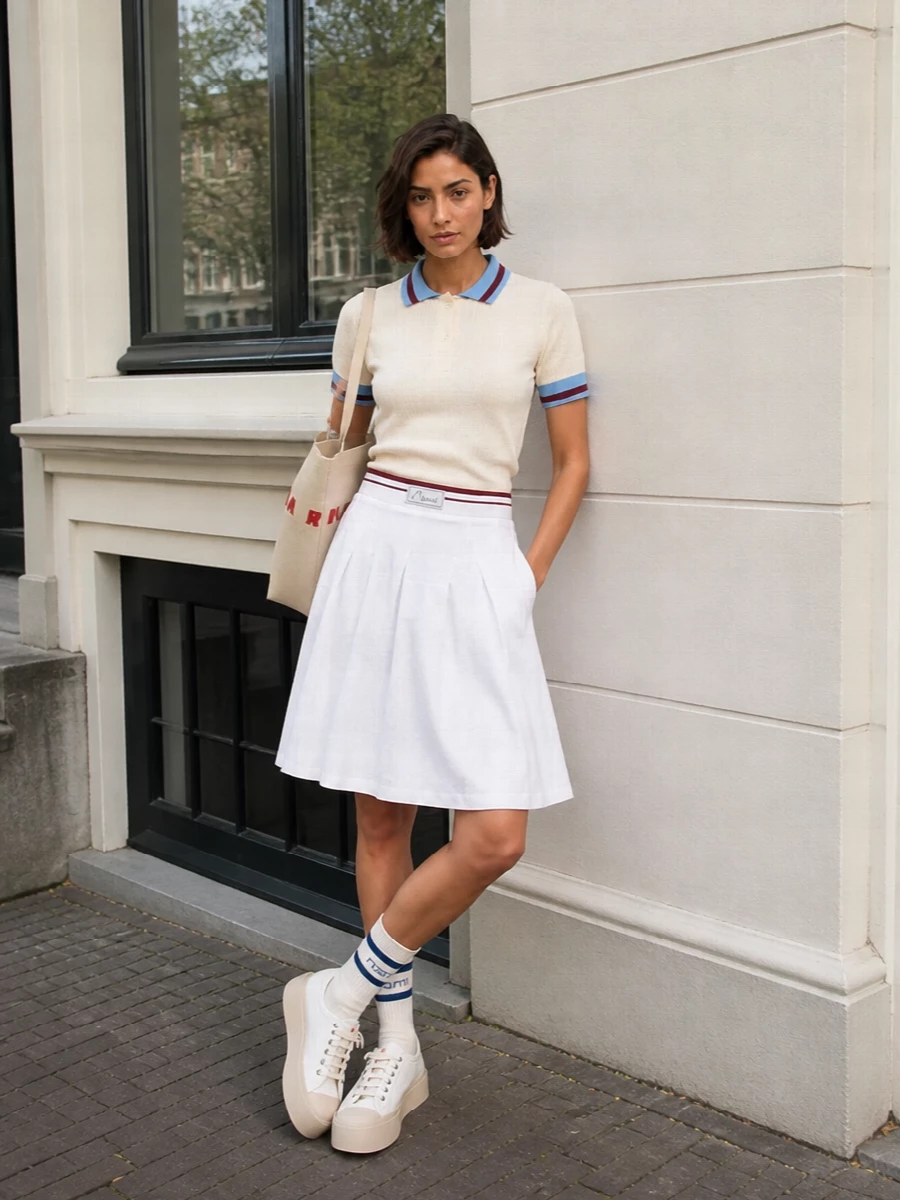 A crisp Marni tennis-skirt silhouette meets a cream knit polo trimmed in burgundy and sky blue for a refined, slightly retro take on sporty preppy dressing. Sculptural off-white sneakers keep the energy relaxed and modern, while the cream tote with red lettering quietly ties back to the waistband for a unified, graphic finish. The striped socks add a discreet collegiate note, keeping the whole outfit playful but still clean and intentional.