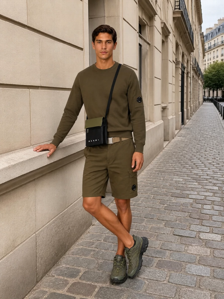A tonal olive story keeps the C.P. Company cargo shorts and sweatshirt reading like a considered set rather than just basics. Technical New Balance runners and a compact Marni crossbody continue the street-meets-outdoor energy, while the webbing belt adds just enough structure without breaking the relaxed mood.
