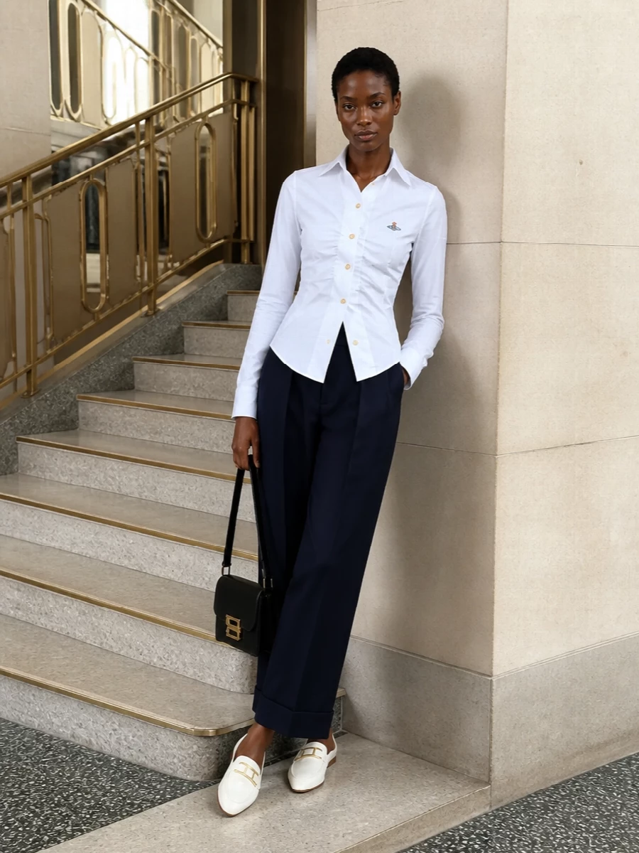 Vivienne Westwood’s sculpted white shirt sharpens into a modern uniform when paired with deep navy pleated tailoring, creating a refined play on preppy shirting and menswear lines. The pointed ivory loafers keep the mood polished yet relaxed, while the structured black shoulder bag adds just enough gold hardware to echo the shirt’s buttons without breaking the quiet palette. It is a confident desk-to-dinner combination that feels considered from every angle.