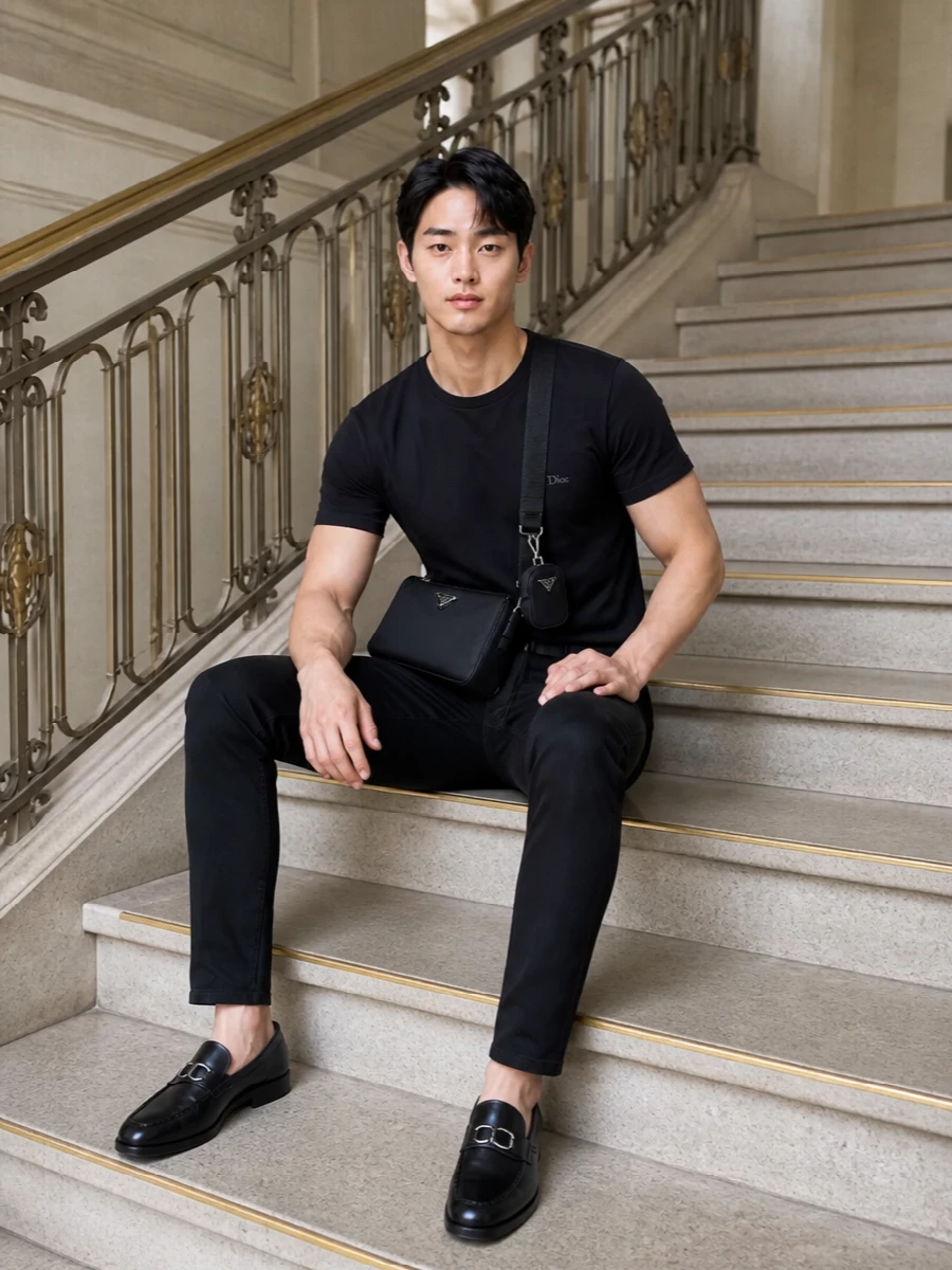 A black Dior tee pairs with slim black Dolce&Gabbana denim for a monochrome base that feels precise but relaxed. Dior loafers keep the line sleek without tipping into formality, while a structured Prada crossbody and clean black belt add just enough hardware to signal intention. It is a quiet, city-ready uniform that reads considered from coffee meetings through late dinners.