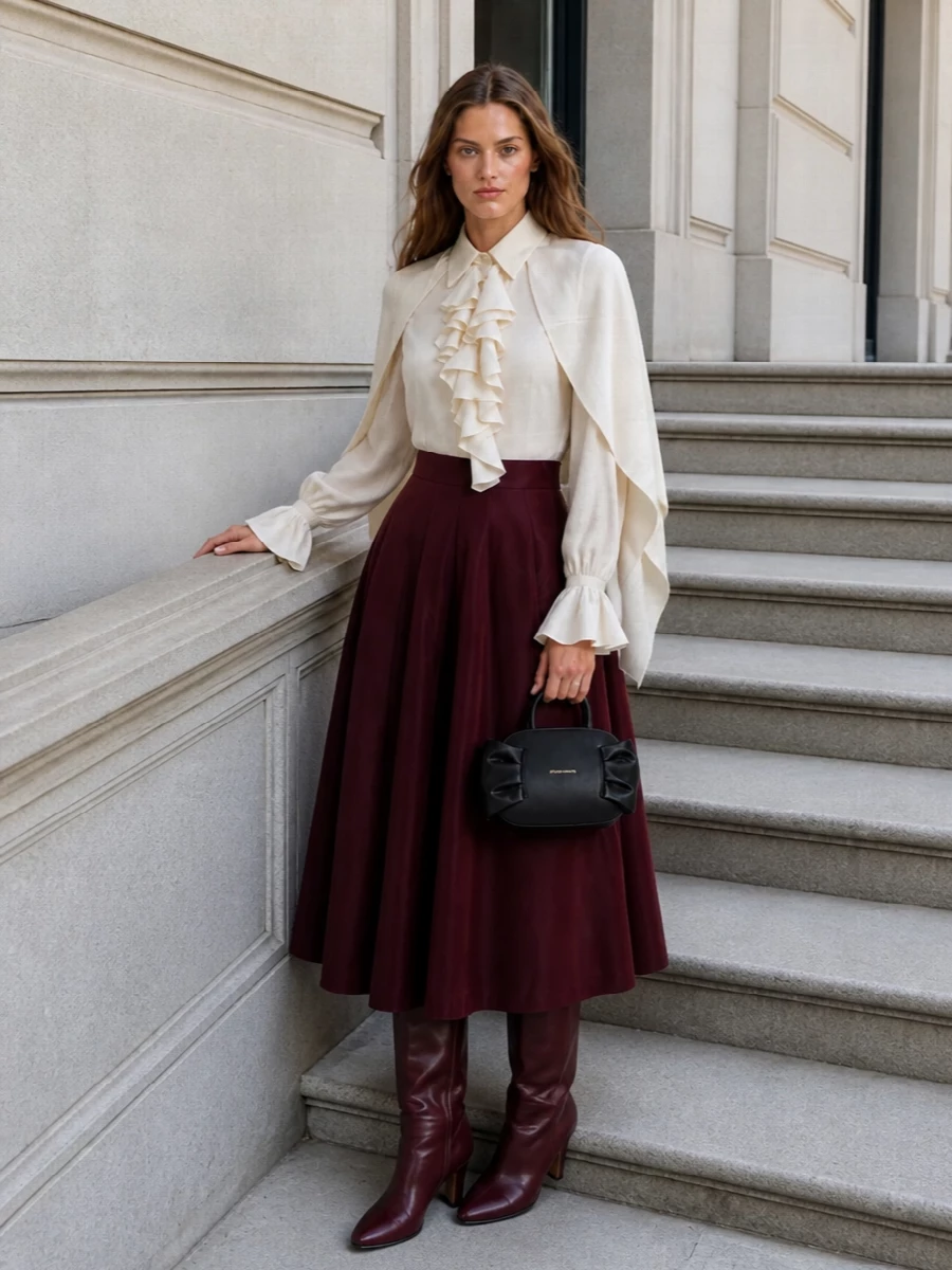 Alberta ferretti ivory blouse burgundy midi outfit