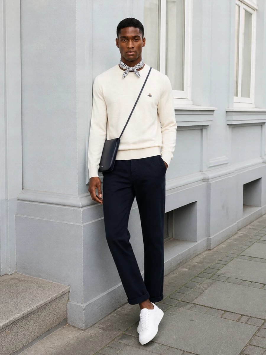 Vivienne westwood sweater navy trousers white sneakers