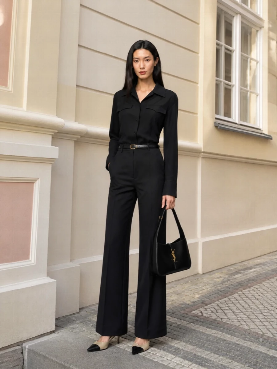 Courreges shirt wide leg trousers saint laurent heels