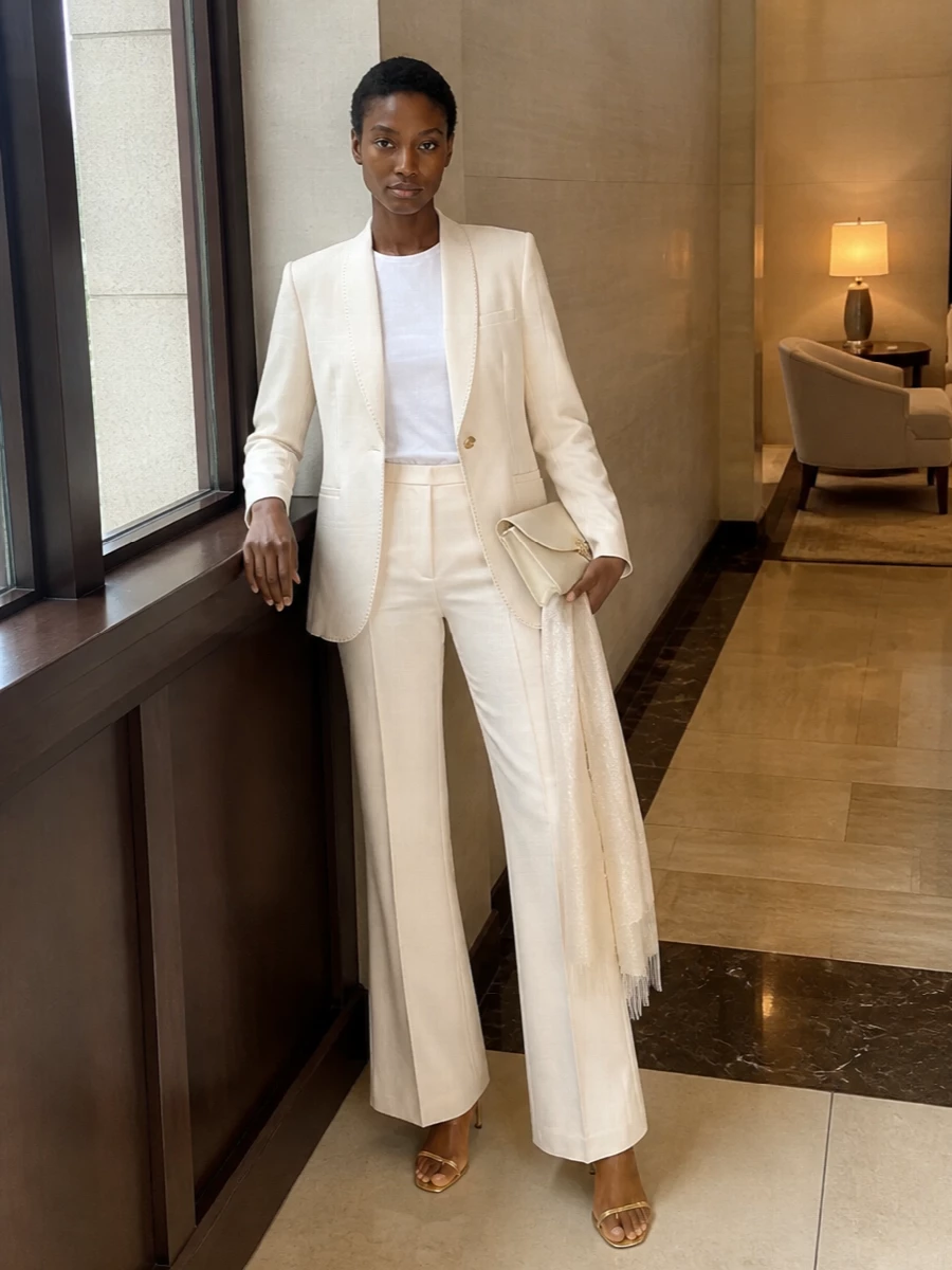 An ivory tailored blazer is paired with high-rise flared trousers to create a long, sculpted column that feels precise yet soft for warm-weather boardrooms and dinners. Metallic gold sandals and a structured ivory clutch introduce quiet shine, while a gossamer wrap brings a hint of shimmer without breaking the monochrome calm. The result is polished summer suiting that reads modern, feminine and assured.