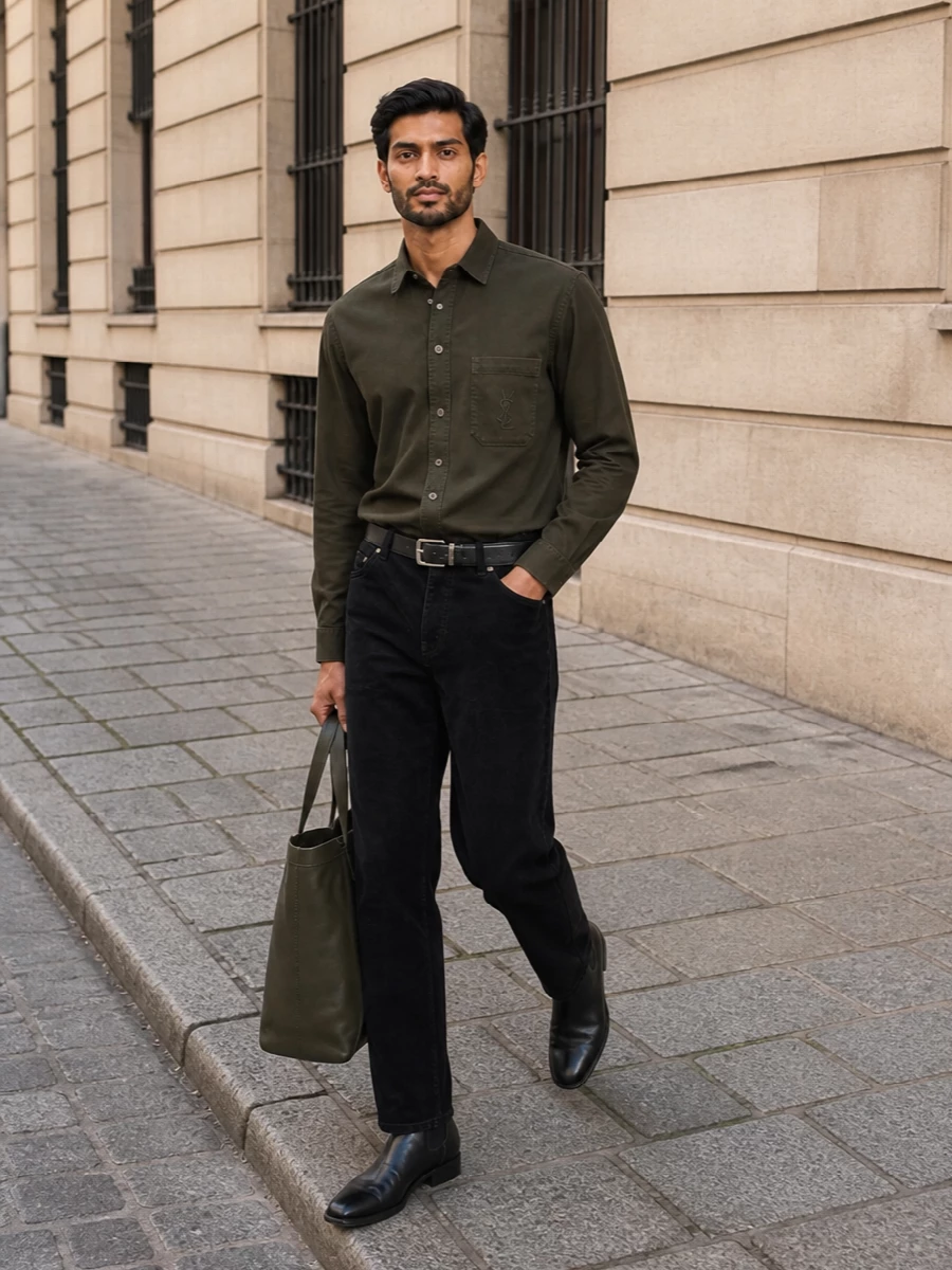 This look centres on the olive Saint Laurent shirt paired with black corduroy five-pocket trousers, balancing utilitarian ease with a refined, FW-appropriate texture. Polished black Chelsea boots and a slim black belt keep the silhouette long and precise, while the deep-olive structured tote quietly echoes the shirt’s tone for a cohesive, understated Parisian ensemble. It’s a modern uniform that reads considered but completely unforced, ideal from daytime city wear to low-key evening plans.