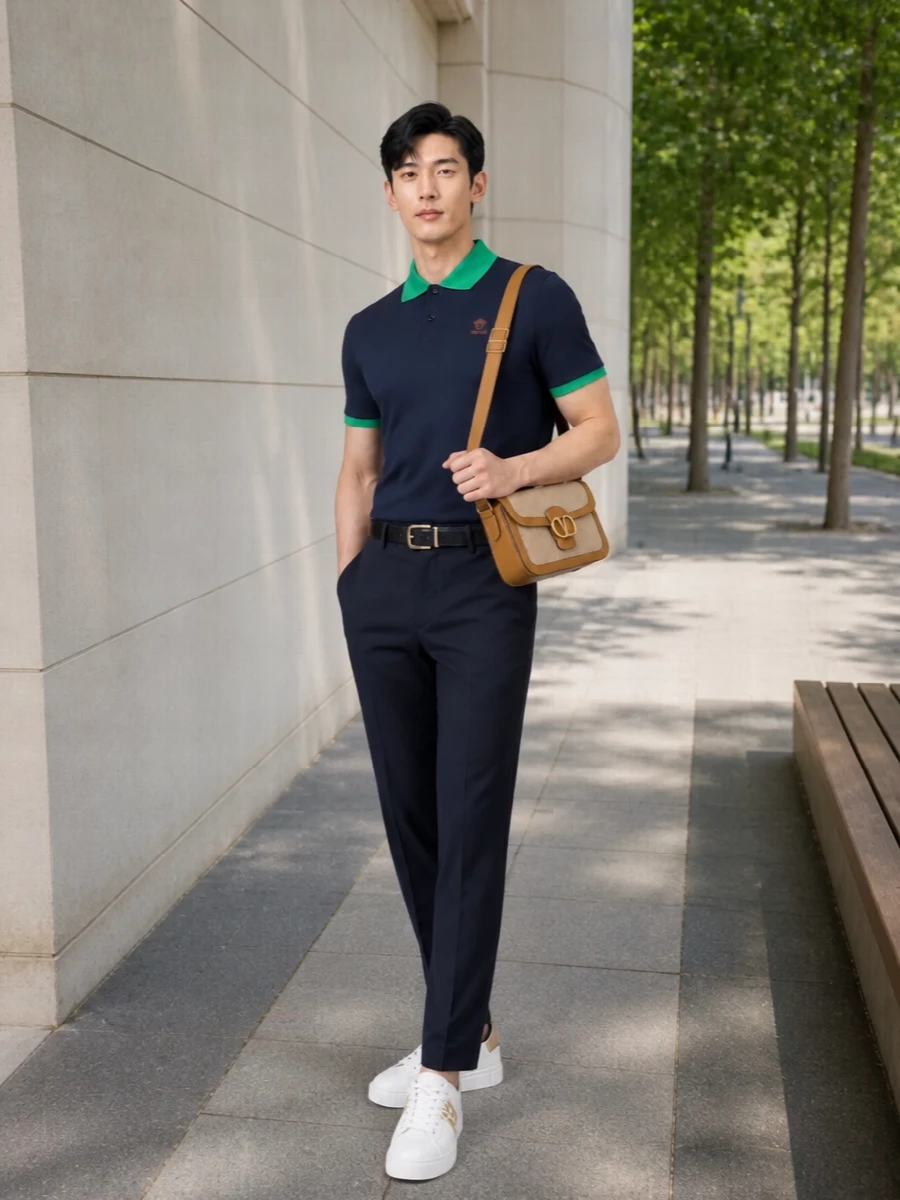 Versace navy polo tailored trousers white sneakers