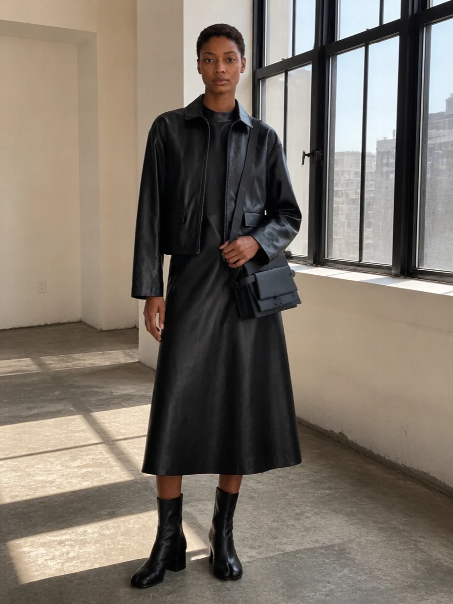 Marni leather jacket black sculpted dress outfit