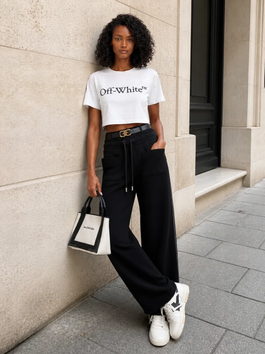 Off white logo tee track pants streetwear outfit