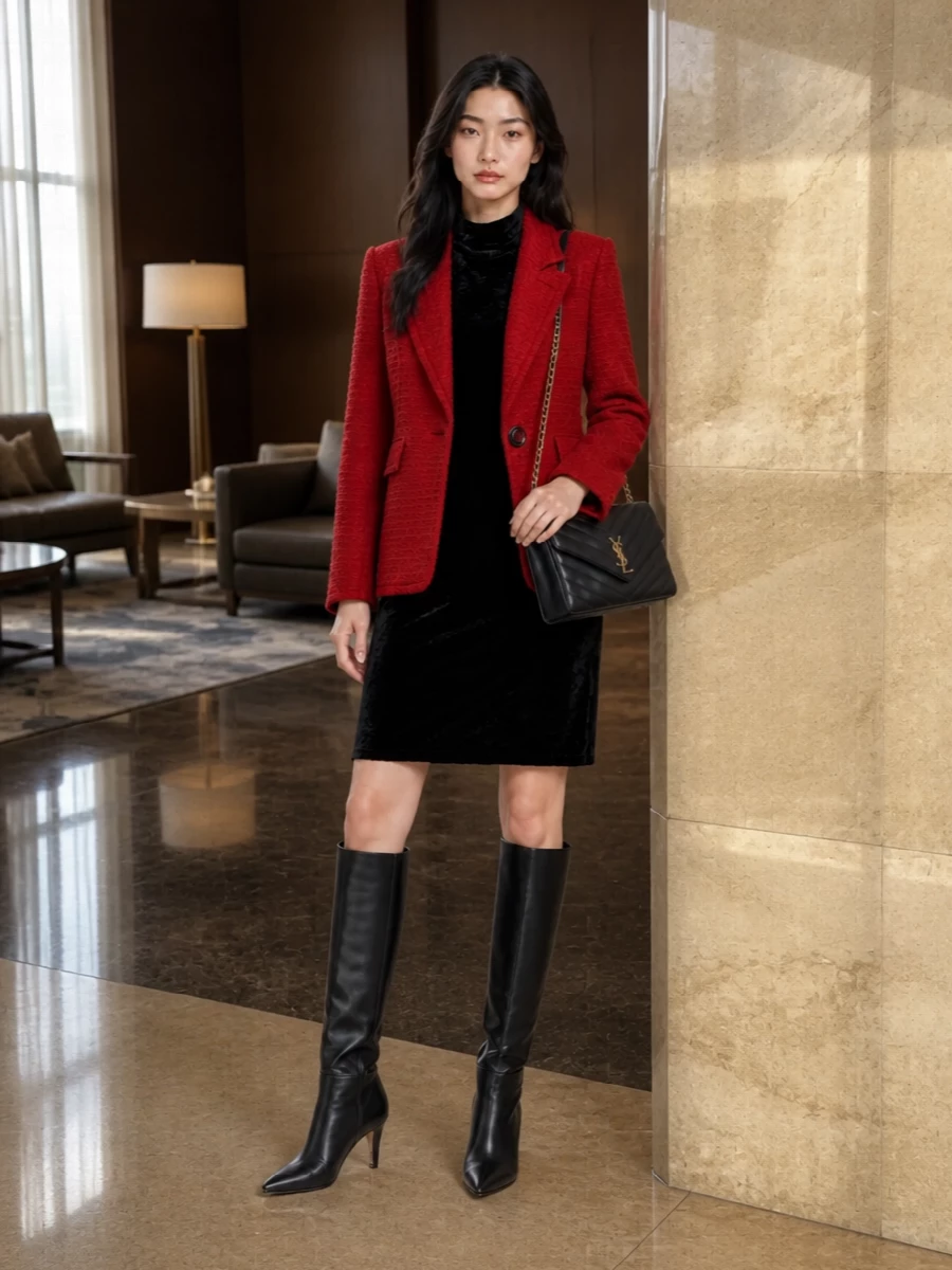 Saint laurent red blazer black velvet dress outfit