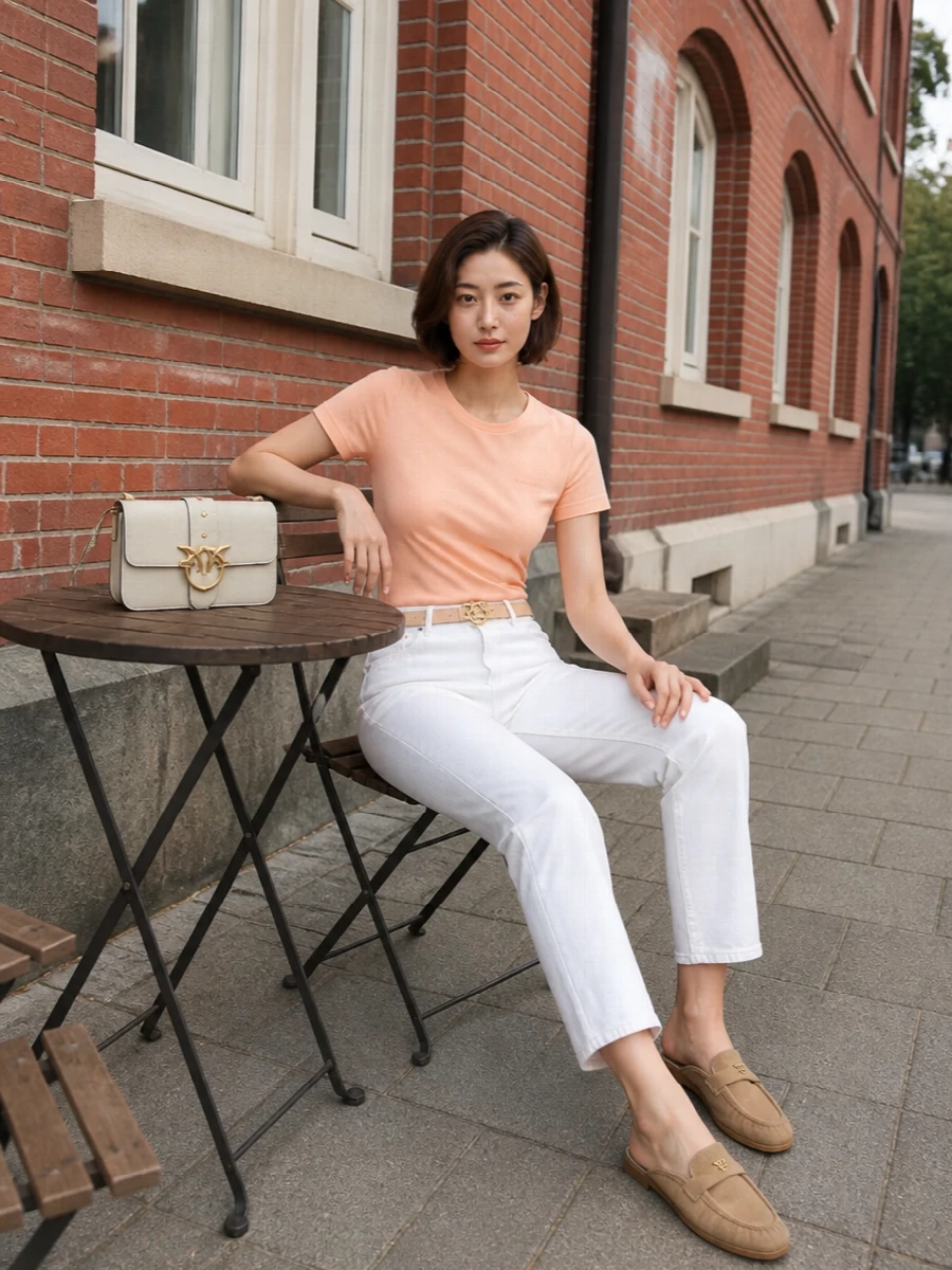 Pinko peach t shirt white jeans outfit