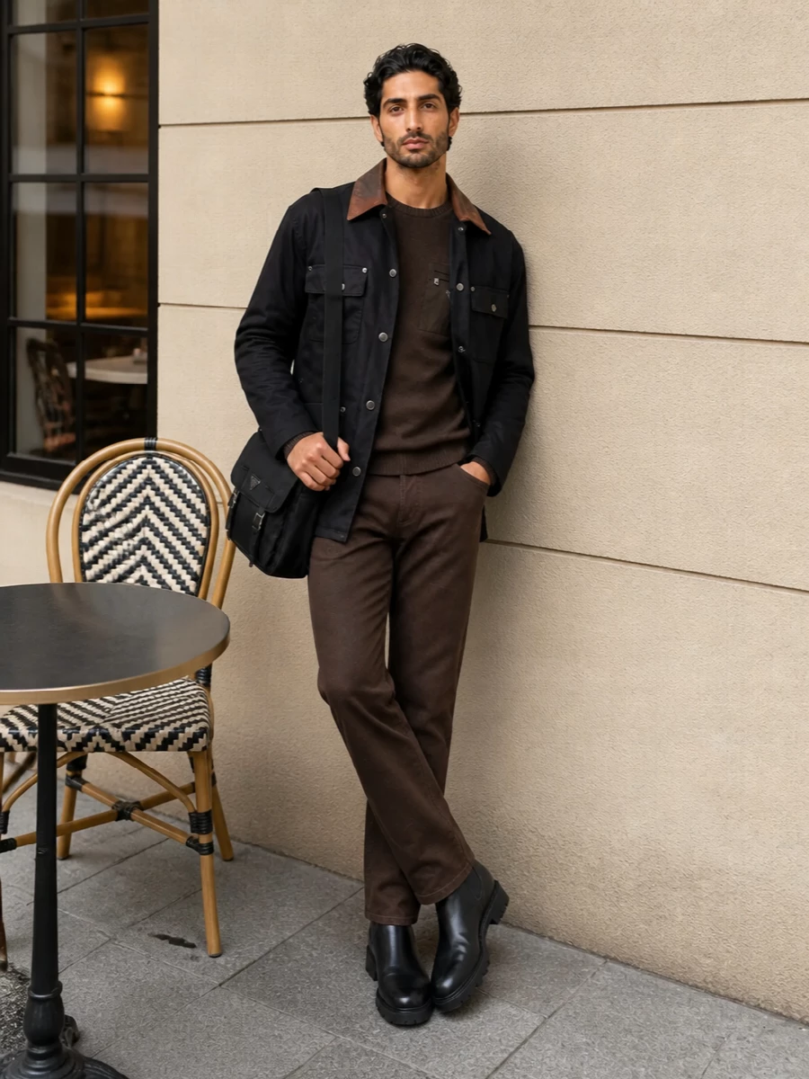 Prada field jacket brown denim chelsea boots