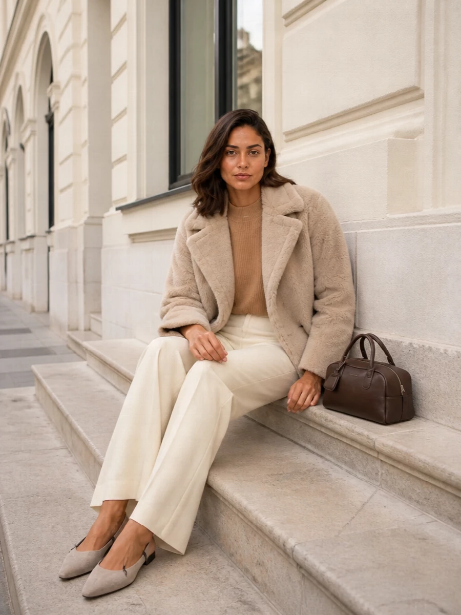 Max mara faux fur coat wide leg trousers outfit