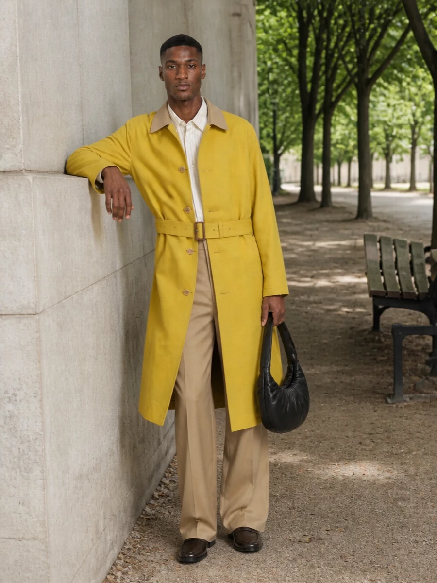 Auralee belted coat camel trousers outfit