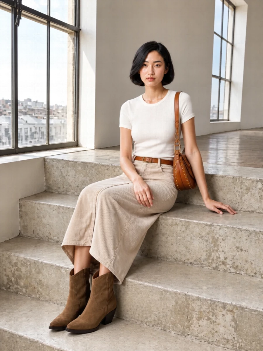 Isabel marant corduroy midi skirt western boots outfit