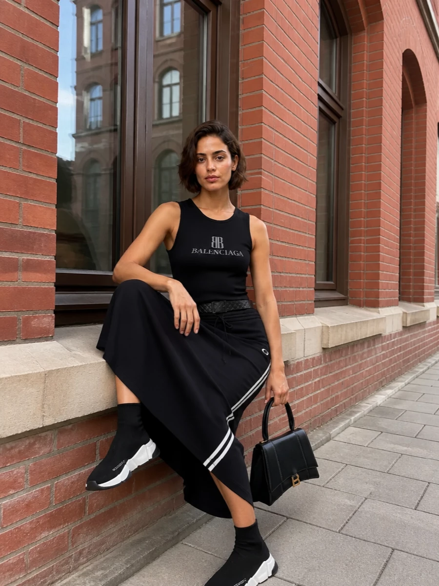 Balenciaga track skirt outfit sock sneakers