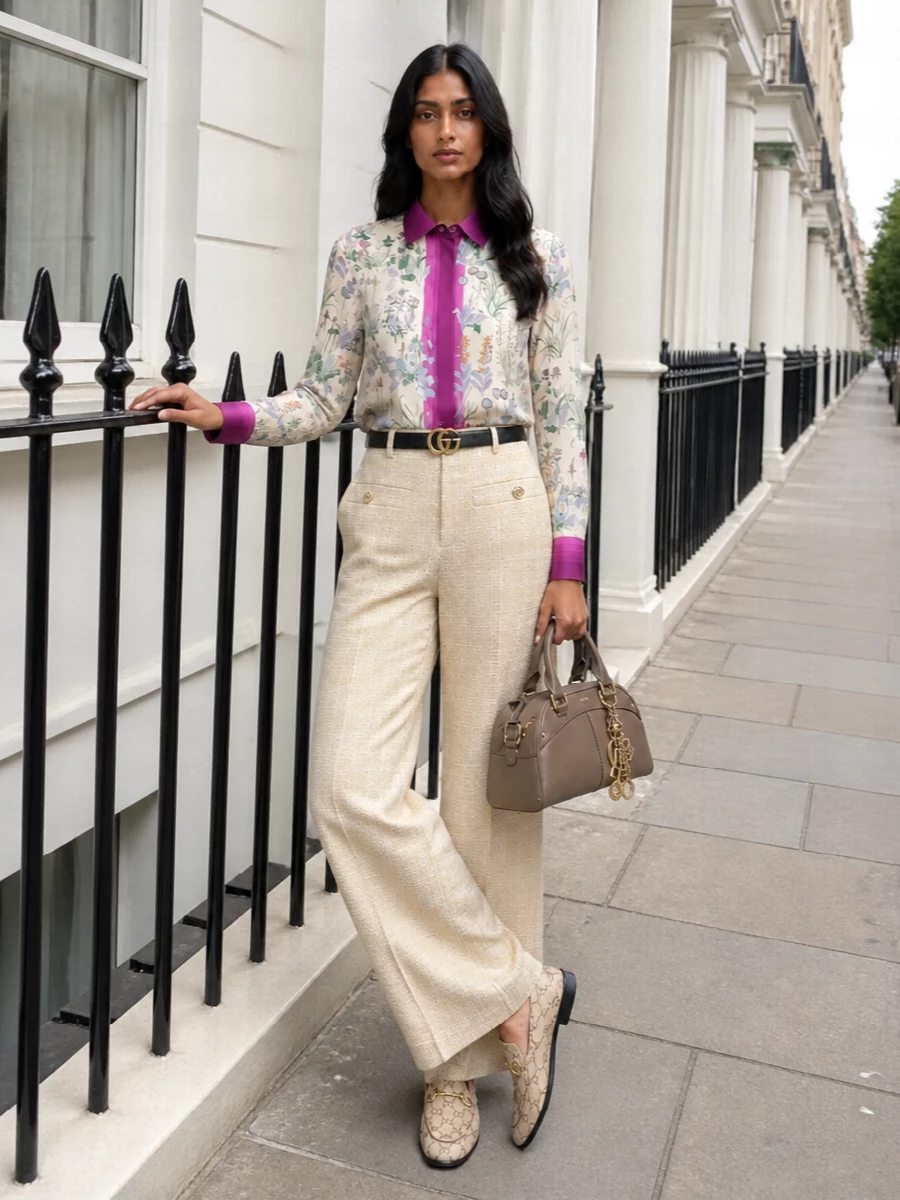 This look lets the botanical Gucci blouse take centre stage, anchoring it with softly tailored light-beige wide-leg trousers for an elongated, Riviera-elegant silhouette. GG-canvas loafers keep the mood polished yet easy, while a taupe Chloé bowler and a slim quilted Gucci belt add just enough structure and heritage detail to read as refined daytime luxury without overpowering the print. The result is a romantic, quietly opulent SS ensemble ideal for city lunches, gallery afternoons or relaxed meetings.