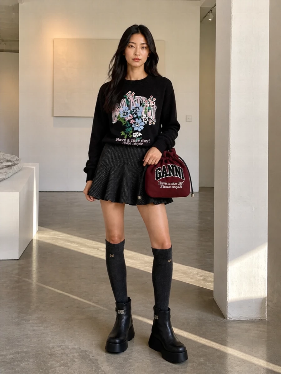 Ganni floral sweater pinstripe mini outfit