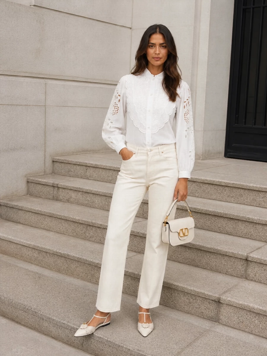 Valentino white embroidered shirt ivory jeans outfit