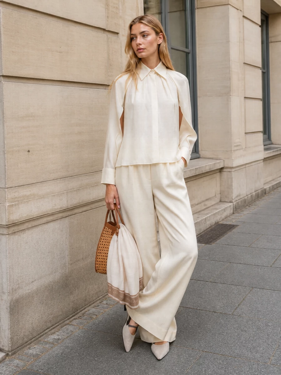 Ivory wide leg trousers pleated blouse outfit