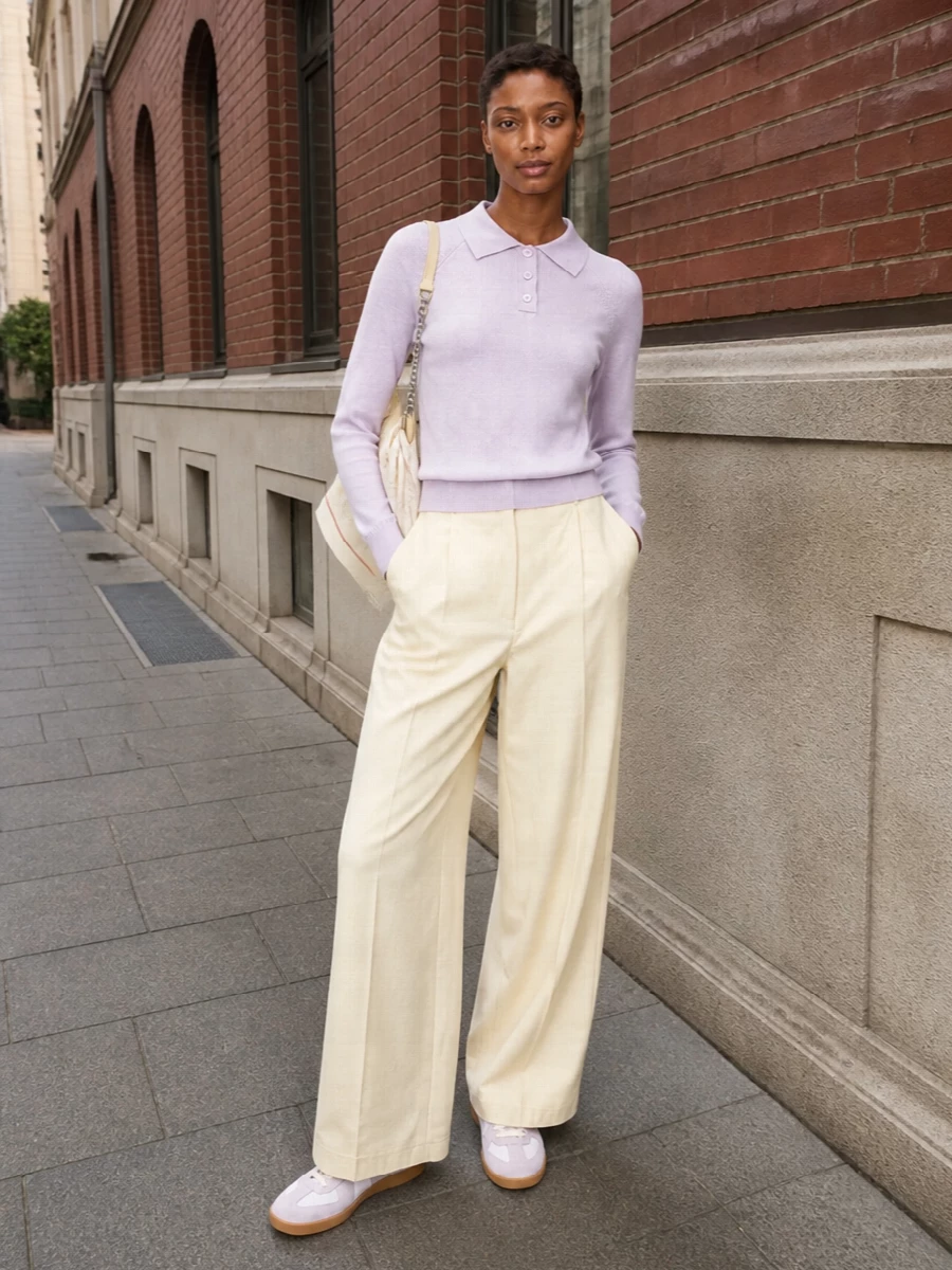Maison margiela lilac polo cream wide leg trousers