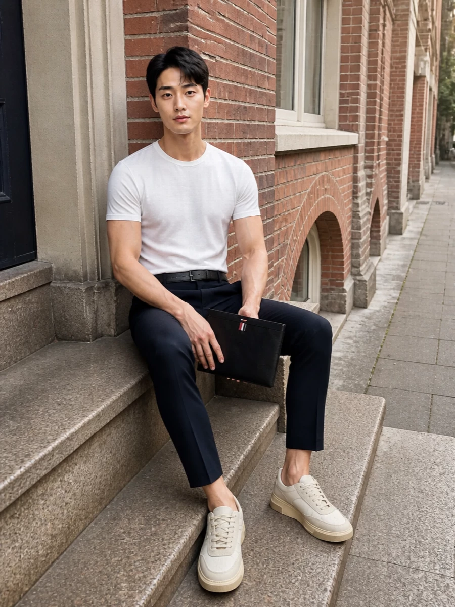 Thom browne tee navy trousers white sneakers